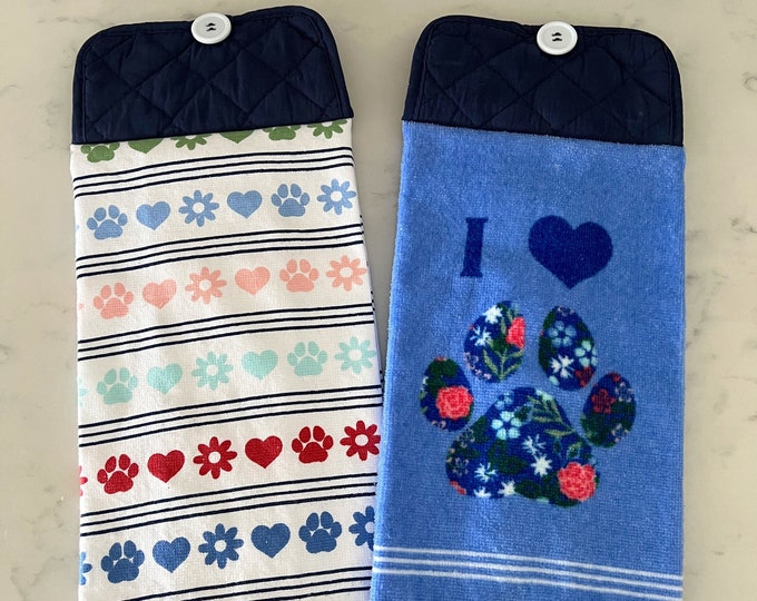 Hanging Kitchen Towels With Paw Prints, Pot Holder Top Towel With