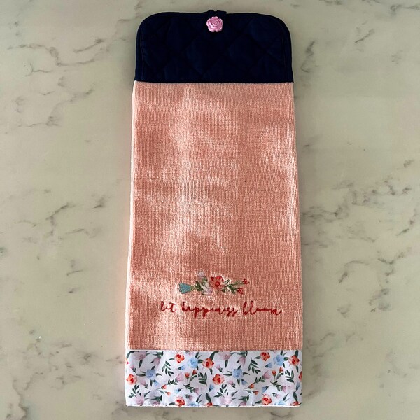 Spring Hanging Kitchen Towel, Let Happiness Bloom Dish Towel, Pot Holder Top Towel with Button Closure, Floral Double-sided  Hand Towel