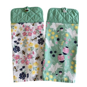 Bunnies and Bees Hanging Kitchen Towels: Potholder Top with Button Closure