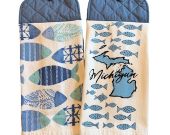 Blue Fish Hanging Kitchen Towels: Pot Holder Top Towel With Button Closure