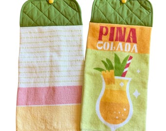 Pina Colada Hanging Kitchen Towel: Double-Sided Potholder Top with Button Closure