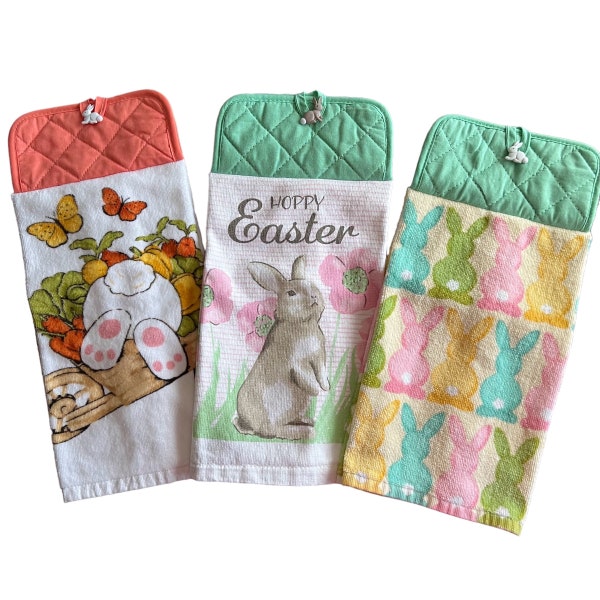 Easter Bunny Hanging Kitchen Towel, Easter Double-sided Hanging Hand Towels, Pot Holder Top with Button, Oven Door Towels, Pot Holder Towels