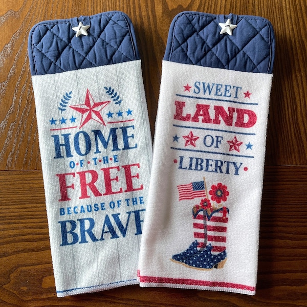 Hanging Kitchen Towel, Home of the Brave Dish Towel, 4th of July Pot Holder Towel with Button, Sweet Land of Liberty Towel, Patriotic Gift