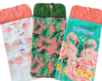 Flamingo and Palms Hanging Kitchen Towels, Double-sided Hand Towels, Potholder Top Hanging Towel with Button Closure, Flamingo Kitchen Decor