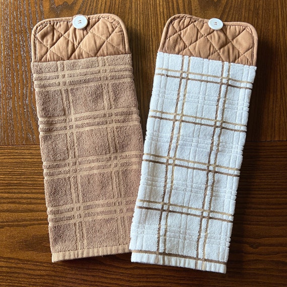 Beige Plaid Hanging Kitchen Towel, Pot Holder Towel With Button