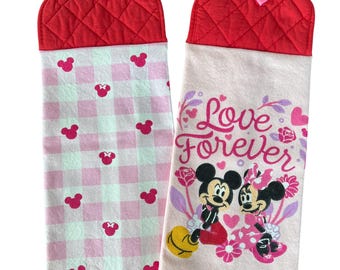 Love Forever Mickey and Minnie Hanging Kitchen Towel, Red Potholder Top with Heart Button