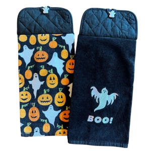 Ghosts on Black Hanging Kitchen Towel: Halloween Potholder Towel