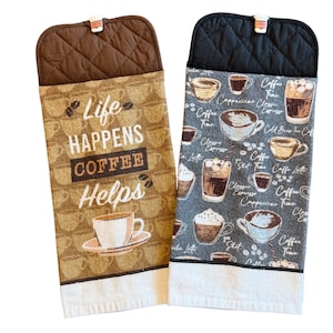 Coffee Time Hanging Kitchen Towel: Double-Sided Potholder Oven Towel with Button Closure