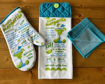 Margarita Hanging Kitchen Towel Set, Margarita Recipe Towel Set, Hanging Towel Oven Mitt and Scrubbie Towel Set, Southwestern Kitchen Decor