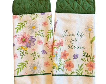 Live in Full Bloom Hanging Kitchen Towel: Spring Oven Towel with Button Closure