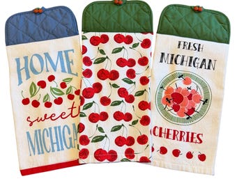 Michigan Cherries Hanging Kitchen Towel: Potholder Top with Button Closure