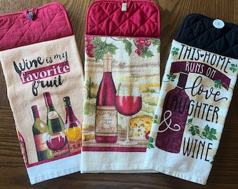 Wine Hanging Towels, Vino Kitchen Towel, Double Layer Towel Sewn On Pot Holder and Button Fastener, Wine Pot Holder Towel, Wine Lover Gift