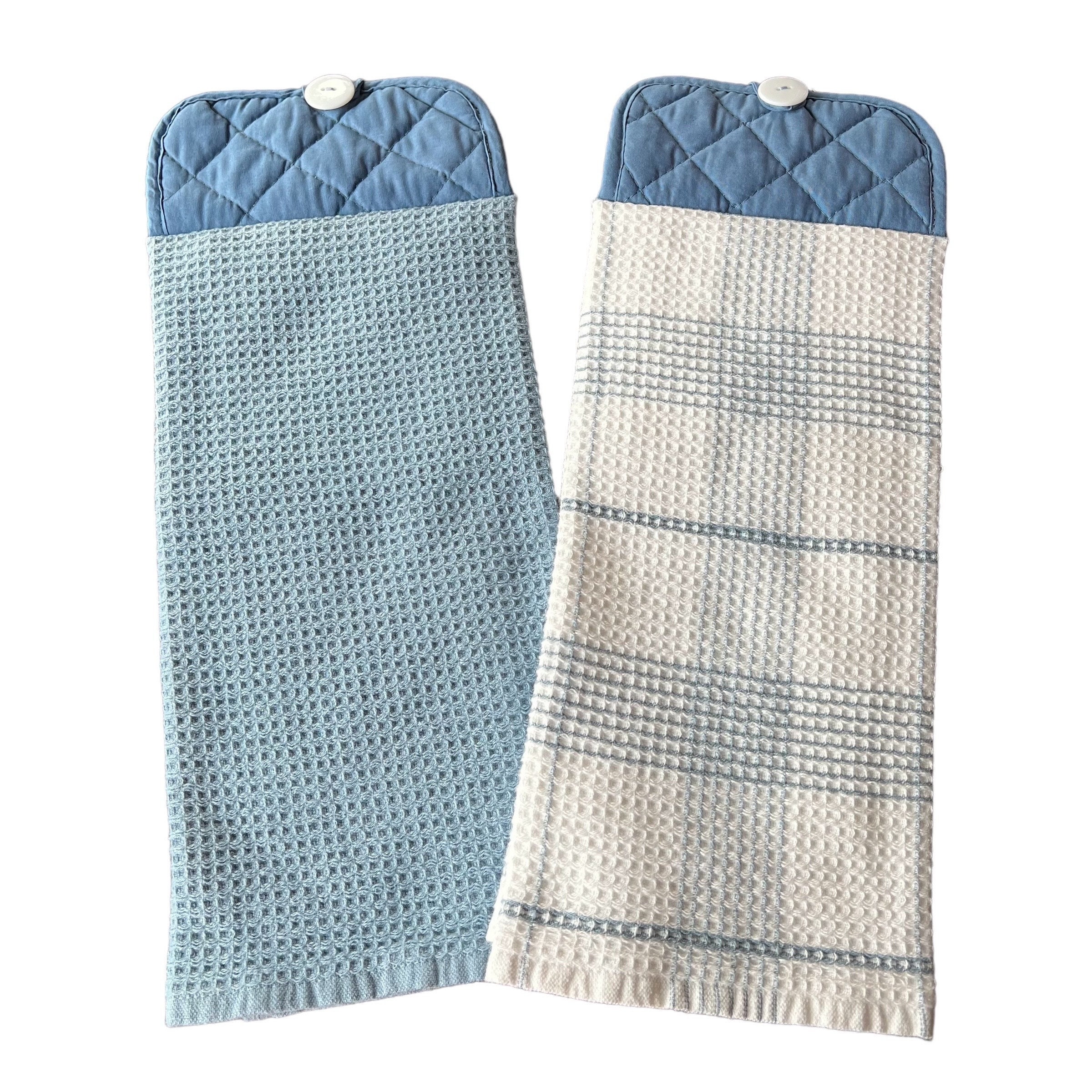 Toallas de cocina colgantes con tejido gofrado azul y blanco, toalla de mano colgante de doble cara a cuadros, toalla de agarradera con cierre de botón, toalla de horno