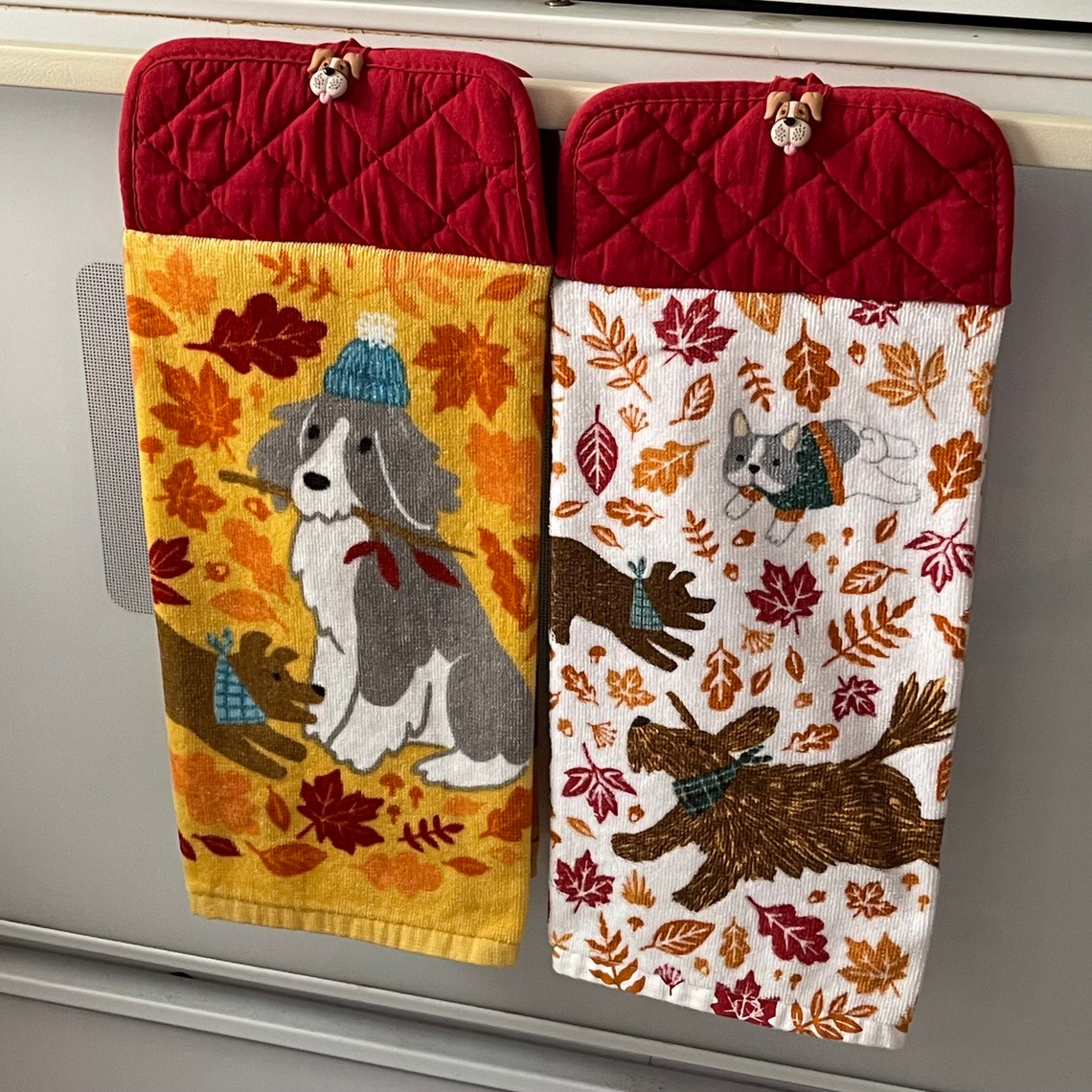 Hanging Kitchen Towel with Dogs and Leaves Pot Holder Towel Etsy