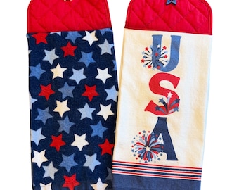 USA Fireworks Star Hanging Kitchen Towels:  Oven Towel Potholder Top with Button Closure