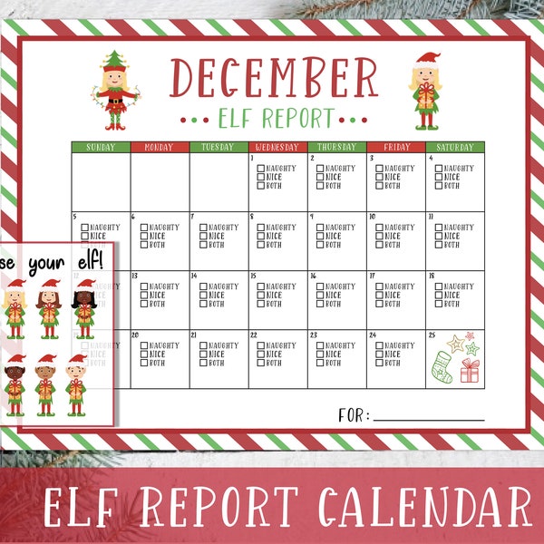 Elf Report Calendar Printable Monthly | December 2021 Countdown | Christmas Elf Printables | Santa Letter Kids