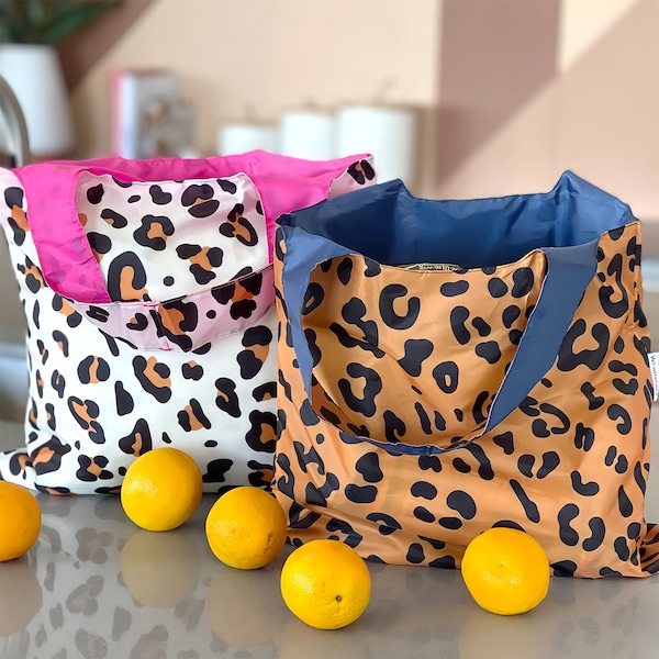 Leopard Print Nylon Reusable Grocery Bag Nylon Grocery Tote Animal Print Foldable Bag Market Tote Travel Bag Laundry Bag Nylon Shoulder Bag