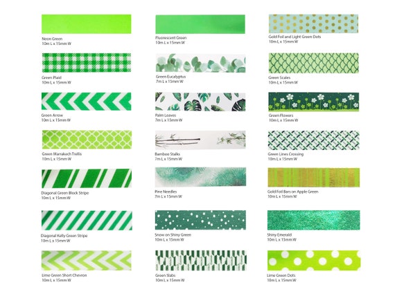 Green Washi Tape Green Stripe Washi Green Metallic Tape Green Polka Dot  Tape Green Leaf Washi Green Chevron Tape Lime Green Washi