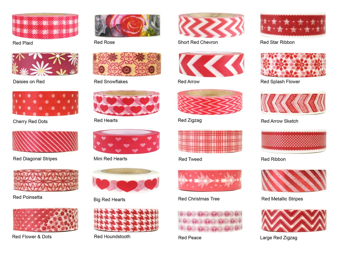 Red Washi Tape Red Plaid Washi Red Glitter Tape Red Stripe Tape Red Dot