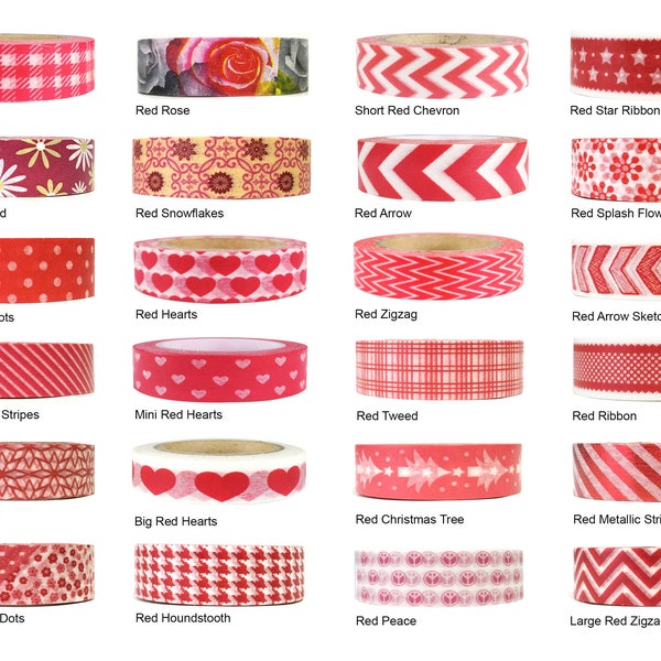 Red Washi Tape Red Plaid Washi Red Glitter Tape Red Stripe Tape Red Dot Tape Red Star Pattern Washi Red Chevron Tape Red Metallic Washi