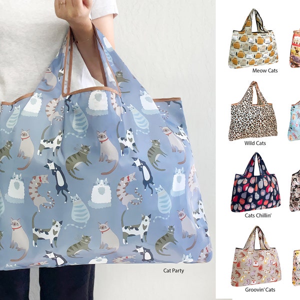 Cats Large Reusable Cat Print Shopping Bag Foldable Tote Reusable Grocery Totes Foldable Bags Eco-Friendly Market Totes Shoulder Bags