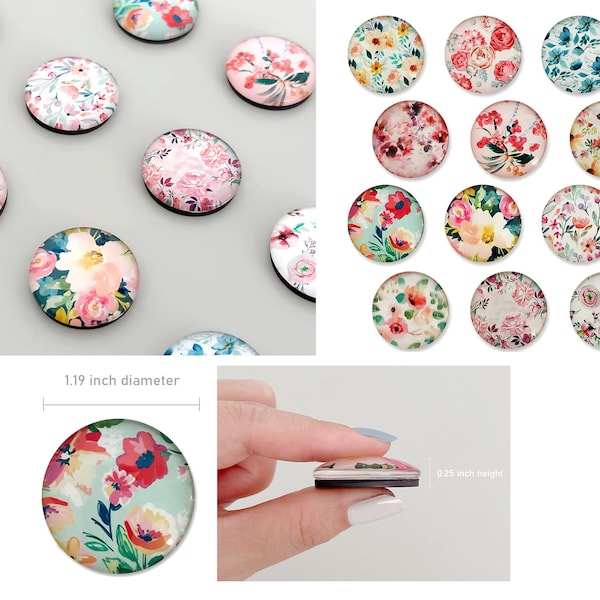 12 Glass Flower Magnets Round Glass Magnets Fridge Magnets Locker Magnets Floral Magnets Office Whiteboards Magnets Colorful Floral Magnets