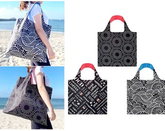3 Foldable Lightweight Reusable Grocery Bag Foldable Bag Shopping Tote Black Tote Black Pattern Bag Eco Friendly Tote Fold Up Bag (set of 3)