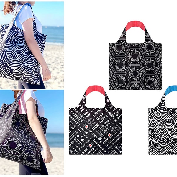 3 Foldable Lightweight Reusable Grocery Bag Foldable Bag Shopping Tote Black Tote Black Pattern Bag Eco Friendly Tote Fold Up Bag (set of 3)