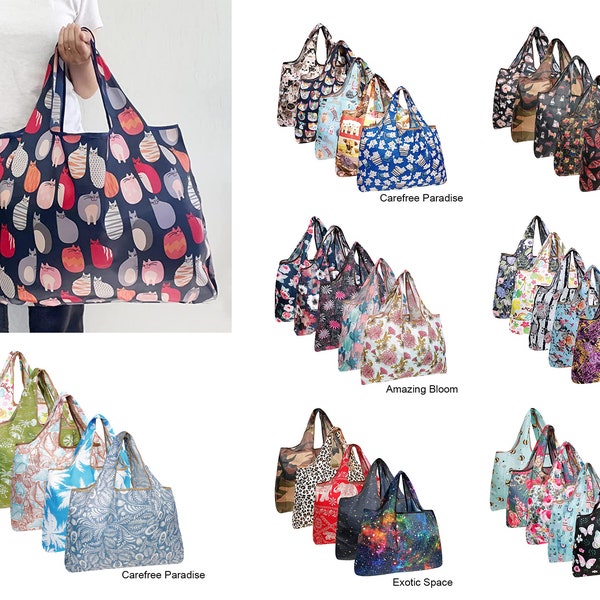 Set of 5 Eco Foldable Shopping Bags Reusable Grocery Totes Foldable Totes Eco-Friendly Shopping Totes Market Totes Shoulder Bags