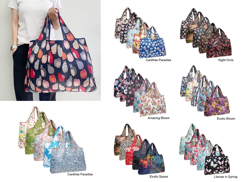 Set of 5 Eco Foldable Shopping Bags Reusable Grocery Totes Foldable Totes Eco-Friendly Shopping Totes Market Totes Shoulder Bags image 1