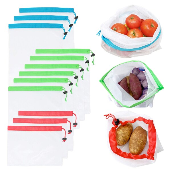 12 Reusable Mesh Produce Bags Transparent Mesh Bags Drawstring Mesh Bags Mesh Grocery Bag Farmers Market Bag Drawstring Pouch