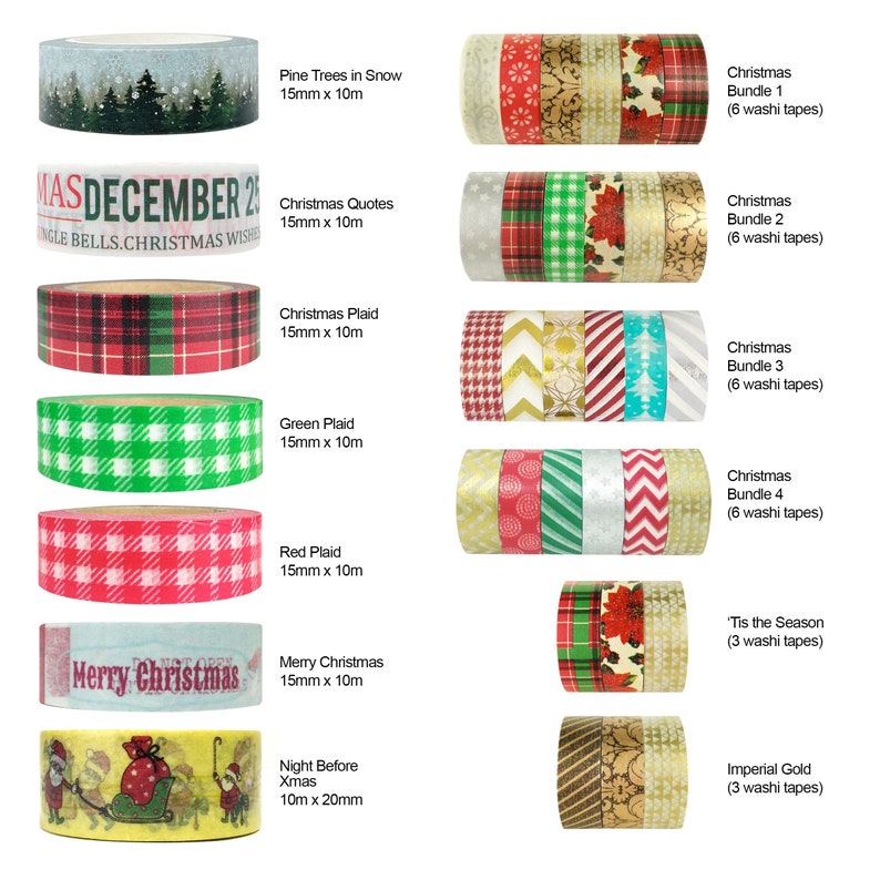 Christmas Washi Tapes Set Holiday Washi Tape Holiday Tape Christmas Packaging Gold Metallic Washi Holiday Red Plaid Tape Christmas Holly afbeelding 1