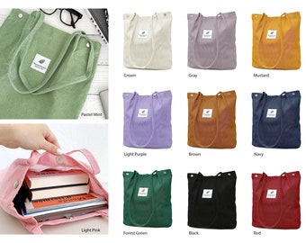 Set of 2 - Corduroy Tote Bag Shopping Bag Solid School Bag Everyday Tote Eco Friendly Bag Corduroy Shoulder Bag
