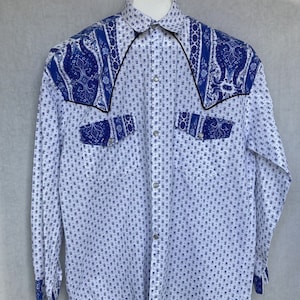 Vintage Solymod Floral Western Shirt Pearl Snaps 80s France Blue White Adult Large