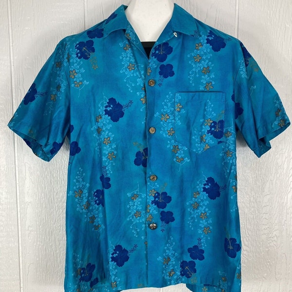 vintage Royal Hawaiian Aloha Shirt Floral Loop Collar Hibiscus Blue des années 1950 pour homme grand