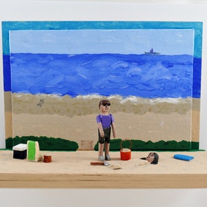 Modern Folk Art Hand Carved & Painted Miniature Diorama Beach Scene