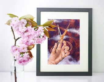 SALE Moirai Art Print - Greek mythology wall art decor with fates' hand and scissors cutting red string of fate