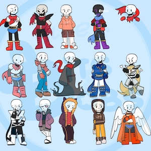 May include: A digital illustration featuring fourteen variations of a skeleton character with a white skull, each wearing different outfits including capes, hoodies, armor, and scarves in various colors like red, blue, orange, and black.
