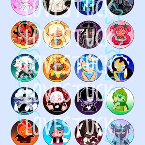 Op de afbeelding: Een verzameling van twintig ronde buttons met kleurrijke cartoonkarakterillustraties. Elke button heeft een uniek ontwerp met verschillende kleurenschema's, waaronder roze, blauw, geel en zwart. De buttons zijn gerangschikt op een lichtblauwe achtergrond.