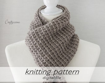 KNITTING PATTERN: 2 Sizes Reversible Scarf | Hurdle Stitch Neck Wrap | Easy Ribbed Cowl | Aran Worsted 10 ply #4 | Flat Knitting Beginner