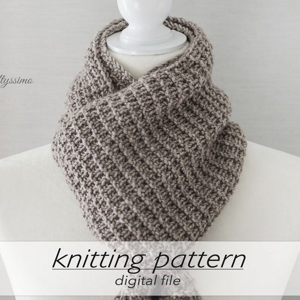 KNITTING PATTERN: 2 Sizes Reversible Scarf | Hurdle Stitch Neck Wrap | Easy Ribbed Cowl | Aran Worsted 10 ply #4 | Flat Knitting Beginner