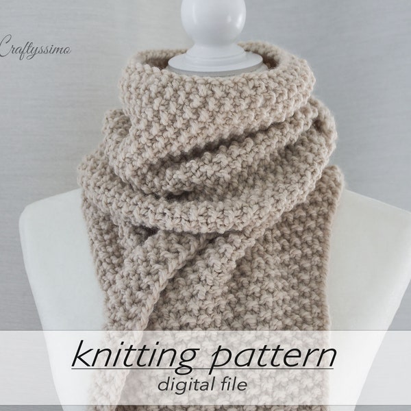 KNITTING PATTERN: 2 Sizes Classic Scarf | Bulky Textured Cowl | Seed Moss Stitch Neck Wrap | Super Chunky 14 ply #6 | Knit in Flat Beginner