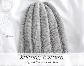 KNITTING PATTERN: Zig-Zag Rib Stitch Beanie | Easy 1x1 Cable Hat | DIY Slouchy Tuque | Dk Worsted 8 ply | Circular Knitting Intermediate