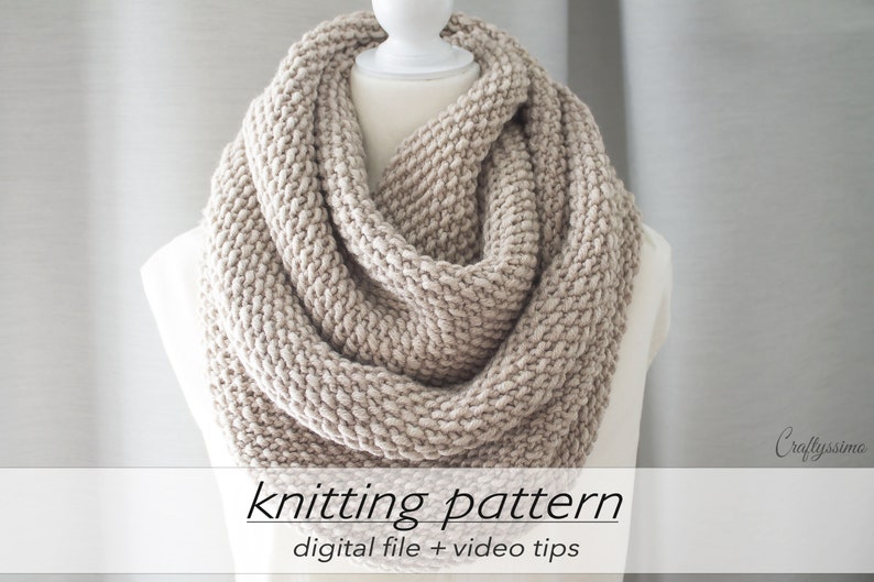 KNITTING PATTERN: 2 Sizes Textured Infinity Scarf Cozy Winter Scarf DIY Cowl Gift Bulky Chunky 12 ply Circular Knitting Beginner image 1