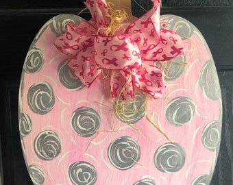 Breast Cancer Awareness Pink Pumpkin Door Hanger: Hand-Painted Birch Wood Decor