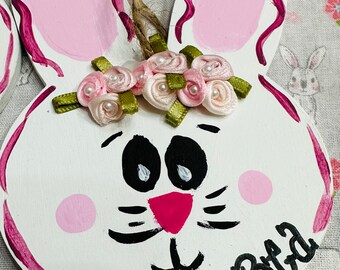 Personalized Easter Basket Tag: Hand-Painted Bunny with Flowers