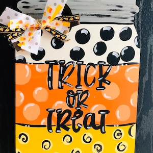 Candy Corn Mason Jar Halloween Door Hanger: Birch Wood Decor