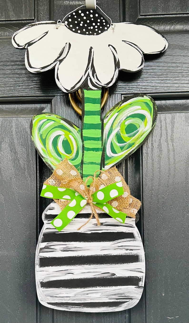 Flower Door Hanger Black and White Door Hanger Whimsical Etsy