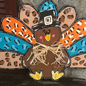 Turkey Door Hanger| Thanksgiving Door Hanger Sign | Turkey Leopard Print Door Hanger | Whimsical Turkey Door Sign |Wood Door Sign