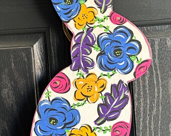 Floral Easter Bunny Door Hanger: Hand-Painted Birch Wood Spring Decor